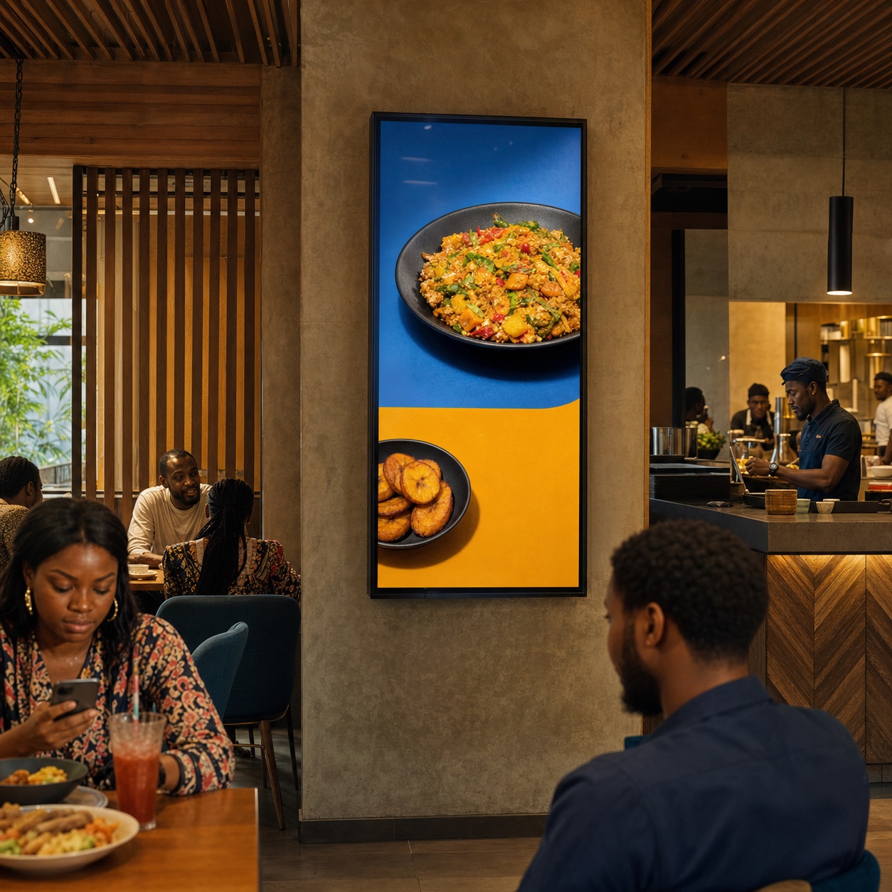 A digital food campaign displayed inside a contemporary Nigerian restaurant
