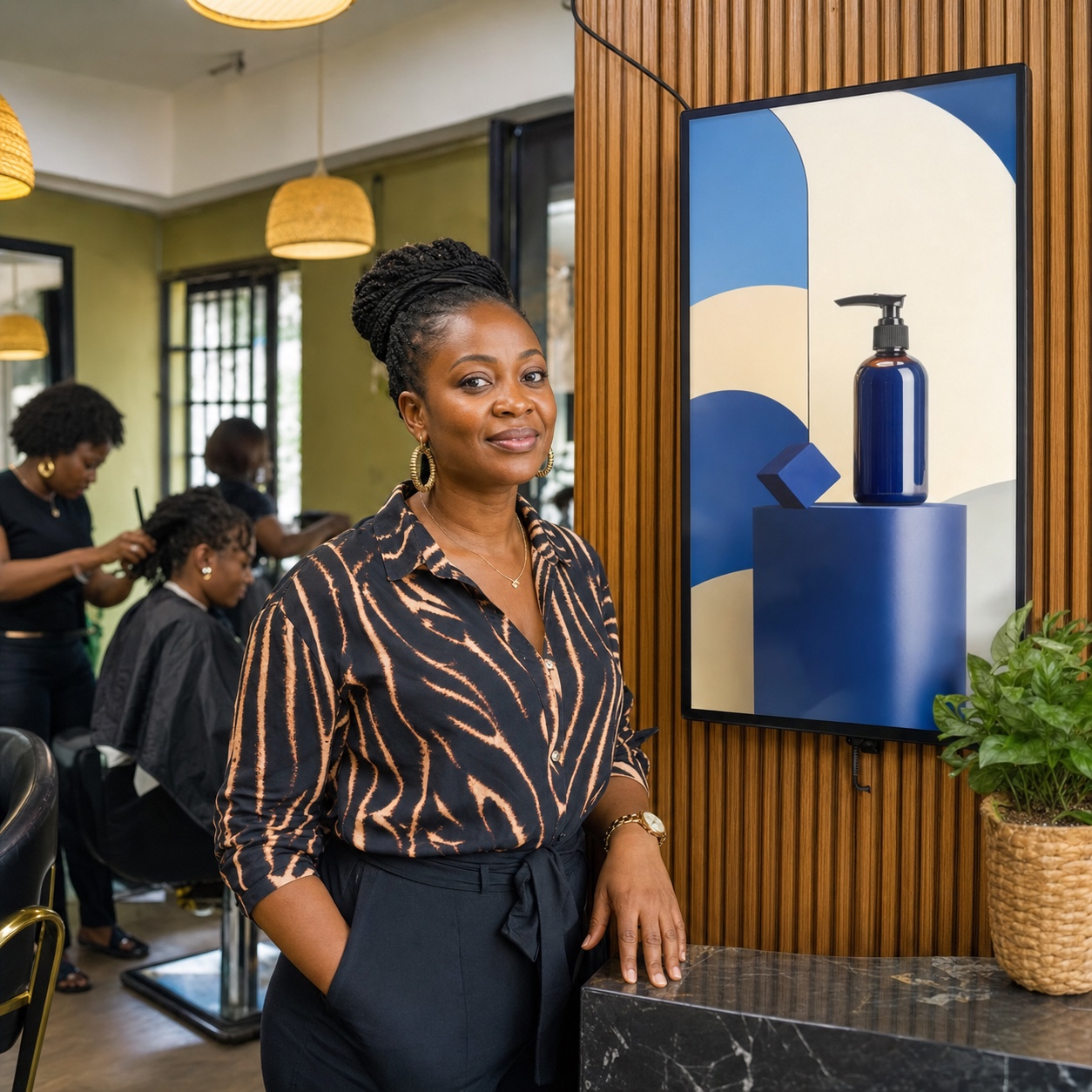 A Nigerian salon owner standing beside a digital advertising screen in her venue
